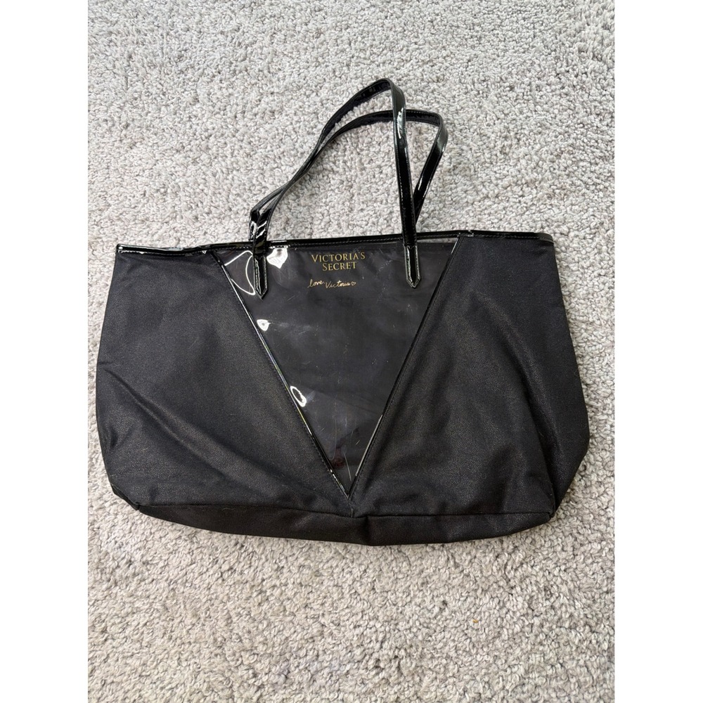 Victorias Secret Love Victoria Black Tote Bag Clear PVC V Panel Patent Trim